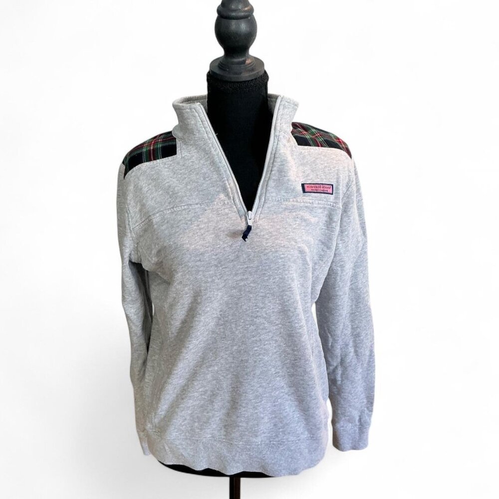Vineyard Vines Grey Plaid‎ Trim Quarter Zip Cotton Pullover Preppy